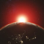 Earth orbit planet skyline flare sun beam glow